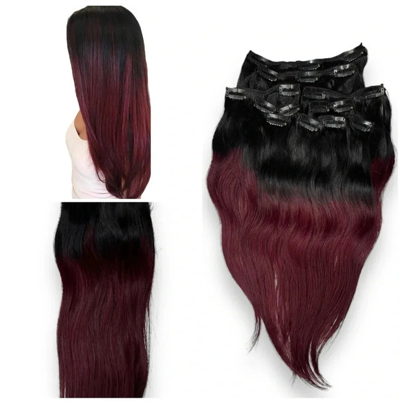 18 Inch Clip in Hair Extensions Black Ombre Burgundy 100% Human hair - Picture 1 of 6